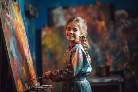 Portrait of a cute little girl in a blue dress painting on an easelの素材