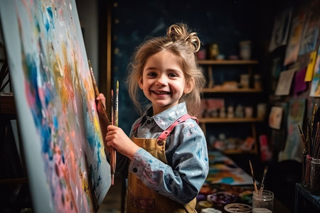 Cute little girl painting on canvas in art studio. Child drawing on canvas.の素材