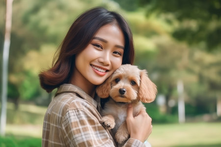 Beautiful asian woman holding cute dog in the park, pet conceptの素材