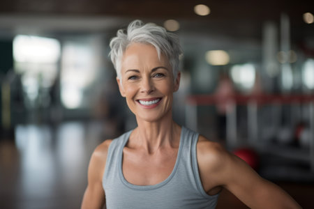 Portrait of smiling senior woman standing in fitness studio with arms crossedの素材