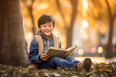 Cute little boy reading a book in the park at autumn timeの素材