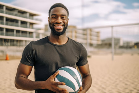 Portrait of a smiling african american man holding a volleyball on the beachの素材