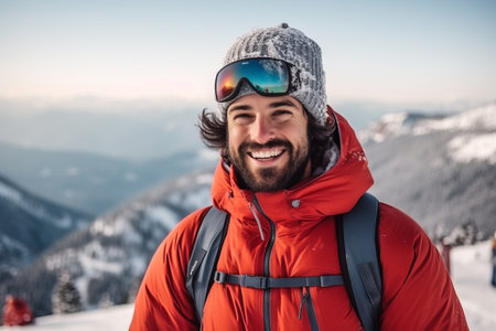 Handsome young man with beard and mustache in red jacket and hat on the background of mountainsの素材