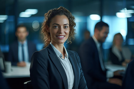 Portrait of smiling businesswoman in office with colleagues in the backgroundの素材