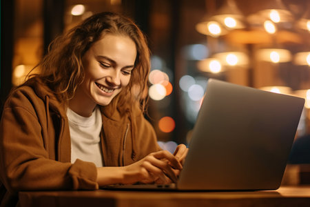 Happy young woman using laptop computer in cafe at night. Girl working on laptop.の素材