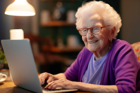 Elderly woman using a laptop computer at home in the eveningの素材