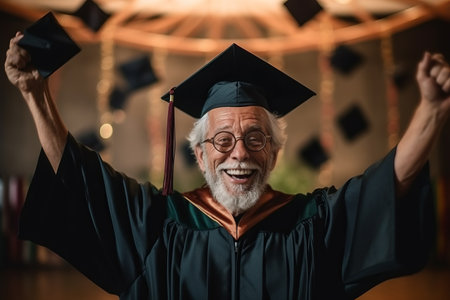 happy senior man in graduation cap and gown celebrating success at university graduation ceremonyの素材