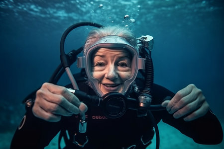 Senior woman scuba diving in deep blue ocean. Portrait of a senior woman with a mask.の素材