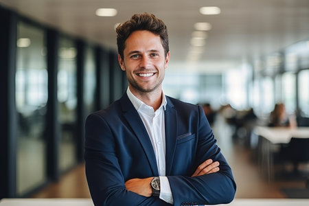 Portrait of a smiling young businessman standing with arms crossed in officeの素材
