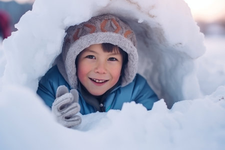 Portrait of a cute little boy in winter clothes making snowmanの素材