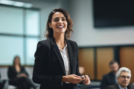 Portrait of a smiling businesswoman standing in front of her colleagues in a conference hallの素材