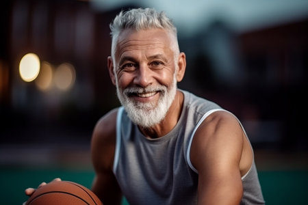 Portrait of smiling senior man holding basketball ball while sitting on basketball courtの素材