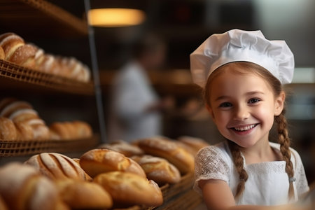 Cute little girl in chef's hat looking at camera and smiling in bakeryの素材
