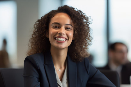 Portrait of smiling african american businesswoman sitting in officeの素材