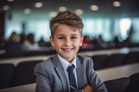Portrait of smiling boy with arms crossed in conference hall at schoolの素材