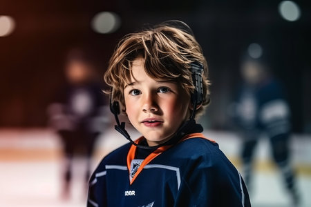 Portrait of a boy dressed as a hockey player on the iceの素材
