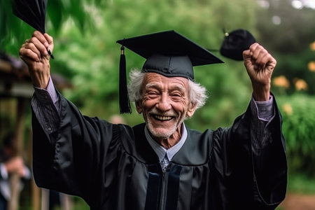 Senior man in graduation gowns and cap celebrating success with raised handsの素材