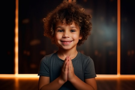 cute african american little boy praying and looking at cameraの素材