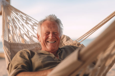 Portrait of happy senior man relaxing in hammock on the beachの素材