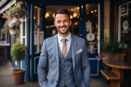 Portrait of a handsome young man in a blue suit and bow tie standing in a cafe.の素材