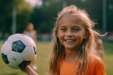 portrait of smiling little girl holding soccer ball and looking at cameraの素材