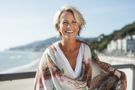 Portrait of smiling senior woman with shawl on the beachの素材
