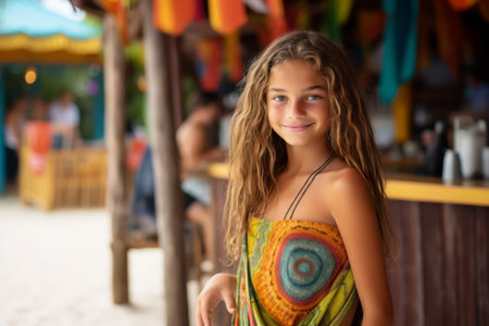 Cute little girl with long curly hair in a colorful shawl on the beachの素材