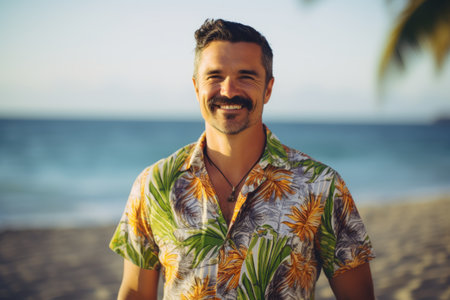 Portrait of smiling man standing on the beach at sunset. Handsome young man looking at camera.の素材