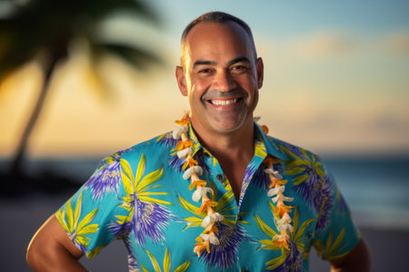 Portrait of smiling mature man wearing hawaiian shirt at the beachの素材