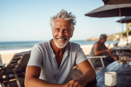 Portrait of smiling senior man sitting at table in cafe on the beachの素材
