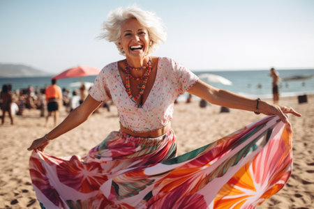 Portrait of happy senior woman dancing on the beach at summer dayの素材