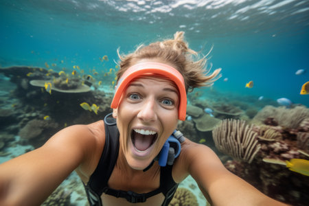 Happy young woman taking selfie with underwater coral reef and fish in backgroundの素材