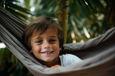 Portrait of smiling little boy lying in hammock in tropical gardenの素材