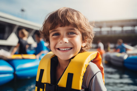 Little boy in life jacket looking at camera while standing in inflatable boatの素材