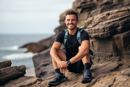 Handsome young man in sportswear sitting on the rocks and smilingの素材