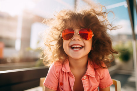 Portrait of smiling little girl with curly hair wearing sunglasses in cafeの素材