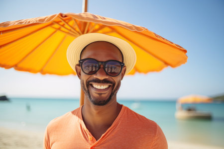 Portrait of happy african american man in hat and sunglasses on the beachの素材