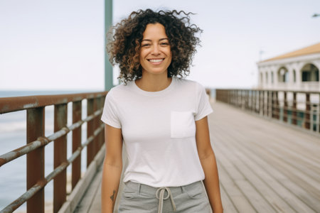 Portrait of a smiling beautiful young woman with curly hair standing on the pier.の素材