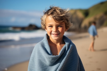 Portrait of smiling boy wrapped in blanket at beach during sunny dayの素材