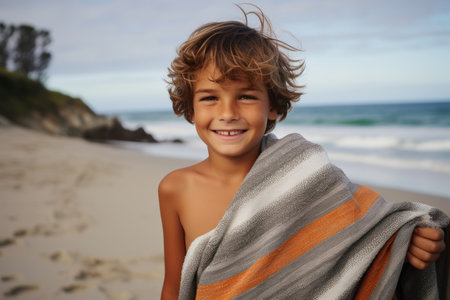 Portrait of a smiling boy wrapped in a towel on the beachの素材