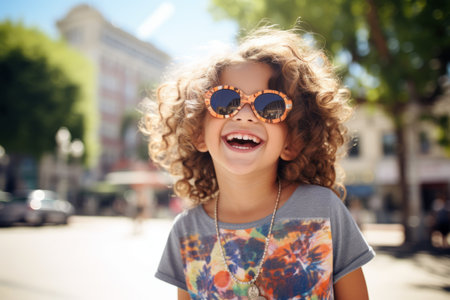 Portrait of a happy little girl with curly hair in sunglasses on the streetの素材