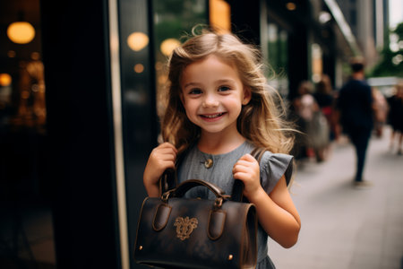 Cute little girl with blond hair in a gray dress with a black handbag on the street.の素材