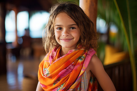 Portrait of a cute little girl wearing a colorful shawlの素材