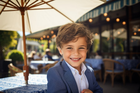Portrait of a smiling little boy sitting at a table in a cafeの素材