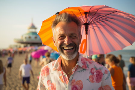 Portrait of happy senior man with umbrella at beach on a sunny dayの素材