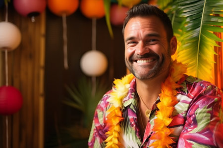 Handsome Hispanic man wearing Hawaiian clothes smiling in a tropical barの素材