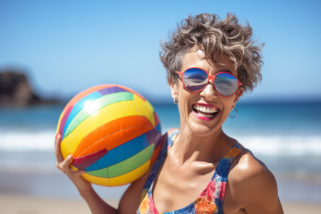 Portrait of smiling woman holding beach ball on the beach on a sunny dayの素材