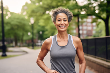 smiling african american woman in sportswear running on city streetの素材