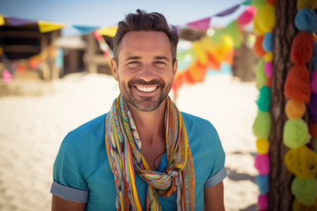Portrait of smiling man standing on beach with garlands on sunny dayの素材