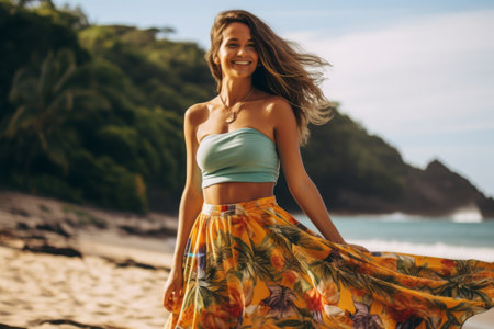 Beautiful young woman on the beach at sunset. Girl in a blue top and a yellow skirt.の素材